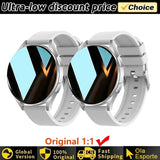 Two Women's Smart Watch 6 smartwatches with reflective surface on white background with promotional text