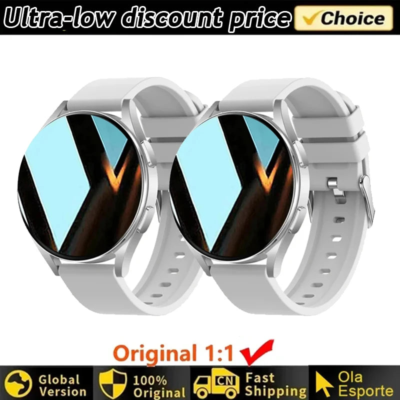Two Women's Smart Watch 6 smartwatches with reflective surface on white background with promotional text