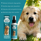 Yegbong Anti-Itch Spray for dogs with a dog lying on grass and product packaging.