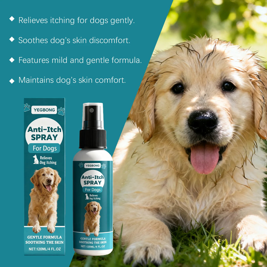 Yegbong Anti-Itch Spray for dogs with a dog lying on grass and product packaging.