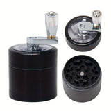 Black herb grinder with chrome top and detailed interior on a white background