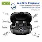 Black HTC NE79 earbuds in charging case with real-time translation 135 languages graphic