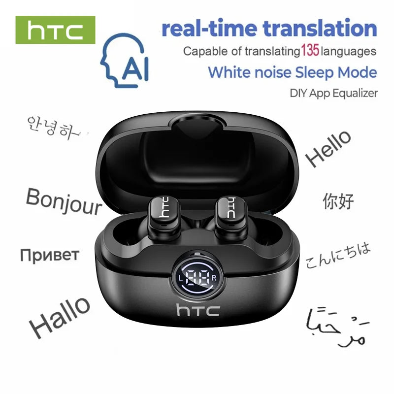 Black HTC NE79 earbuds in charging case with real-time translation 135 languages graphic