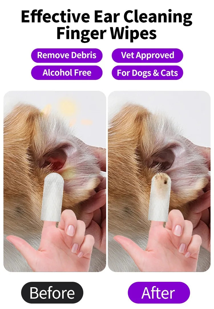 Ear cleaning finger wipes for pets showing Before and After effects on a dog's ear, gentle dirt and wax removal