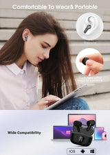 Woman using a tablet with wireless earbuds, emphasizing comfort and portability.