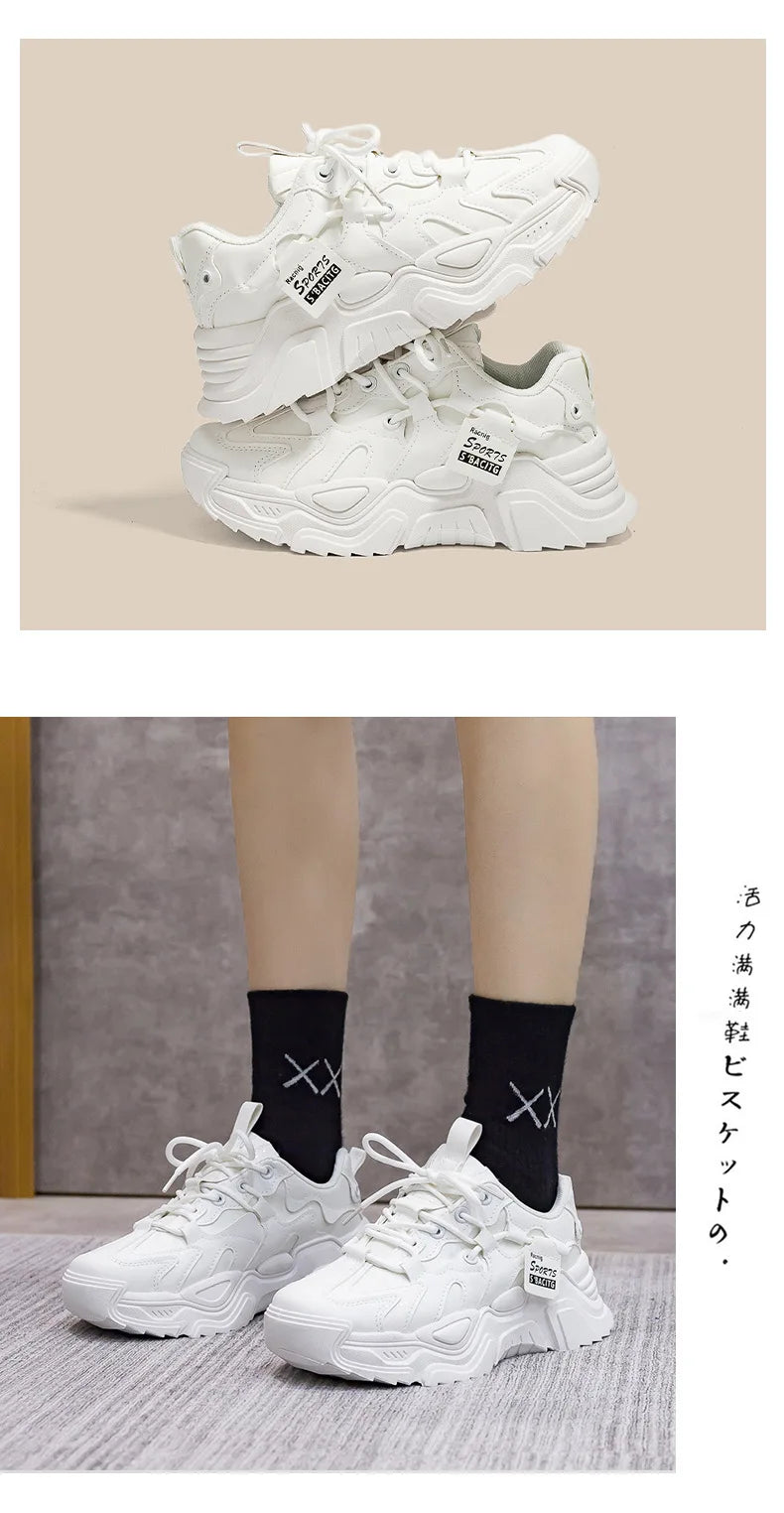 Women's Platform Leather Sneakers – Versatile Black Lace-Up (2025)