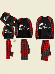 1 Set Family Matching Christmas Pajamas - 'Believe' Print, Crew Neck, Long Sleeve, Knit Fabric, Slight Stretch, All-Season Polyester PJs with Contrast Black Top & Red Plaid Pants