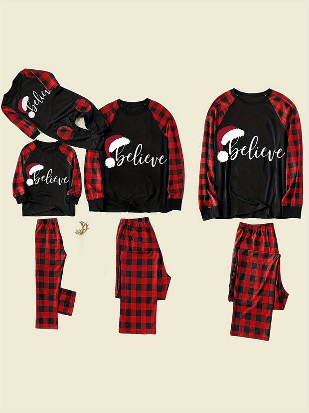 1 Set Family Matching Christmas Pajamas - 'Believe' Print, Crew Neck, Long Sleeve, Knit Fabric, Slight Stretch, All-Season Polyester PJs with Contrast Black Top & Red Plaid Pants