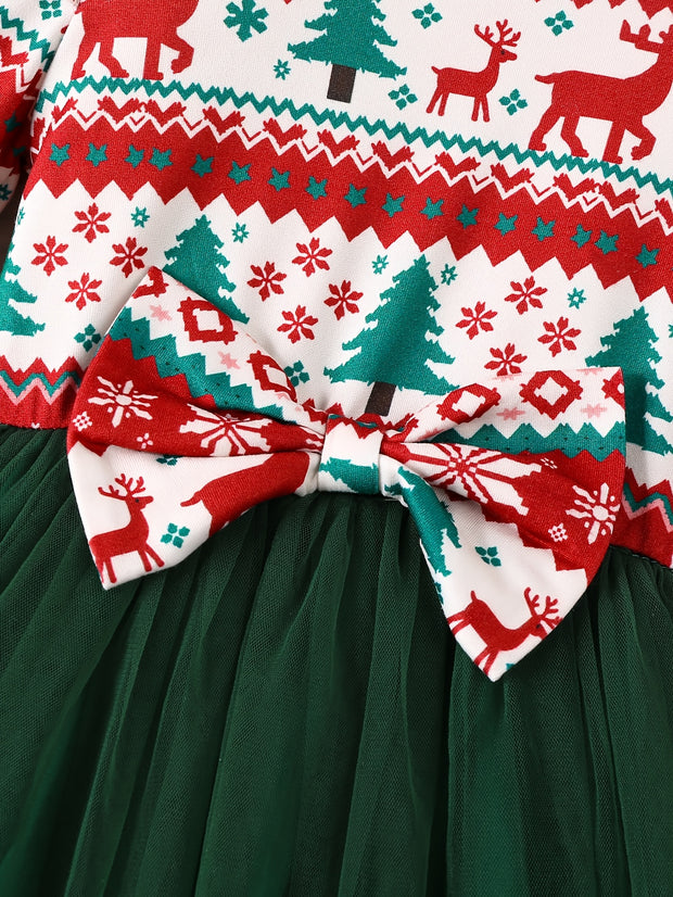 Girls' Long Sleeve Dress for Christmas Party, Festive Red and Green Pattern with Ruffled Hem & 3D Bow, Sweet & Cute Style for Celebrations and Photoshoots, Christmas Dress For Girls
