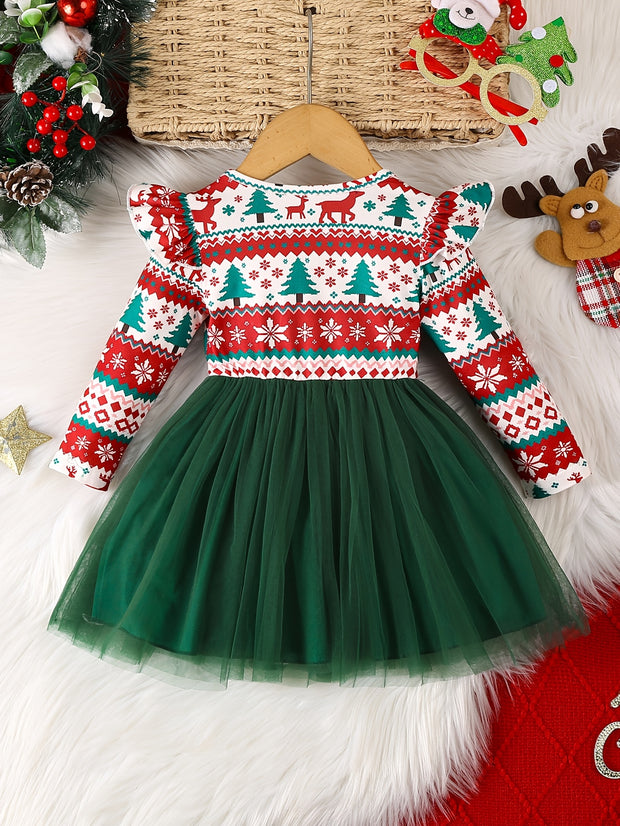 Girls' Long Sleeve Dress for Christmas Party, Festive Red and Green Pattern with Ruffled Hem & 3D Bow, Sweet & Cute Style for Celebrations and Photoshoots, Christmas Dress For Girls