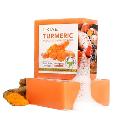 Turmeric soap bar with packaging on a white background
