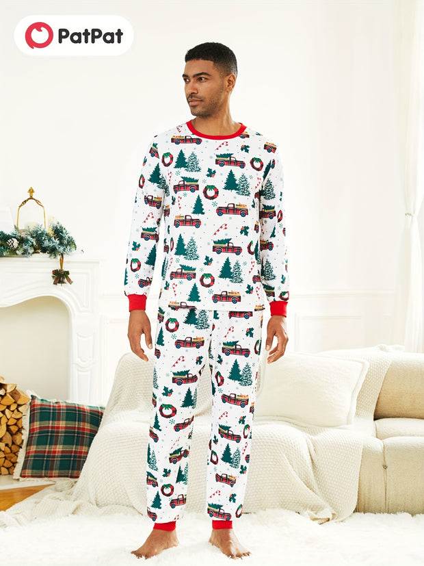 Festive Family Matching Christmas Pajamas Sets - Soft, Flame Resistant, Crew Neck, Round Neck, Long Sleeve, Allover Xmas Tree Graphic & Car Print - Perfect for Spring, Autumn, Fall, and Winter Seasons