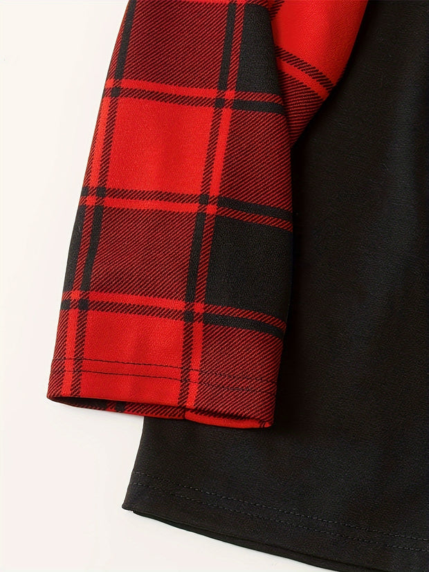 1 Set Family Matching Christmas Pajamas - 'Believe' Print, Crew Neck, Long Sleeve, Knit Fabric, Slight Stretch, All-Season Polyester PJs with Contrast Black Top & Red Plaid Pants