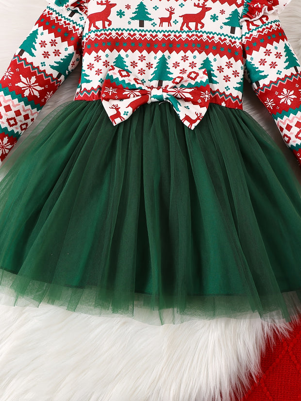 Girls' Long Sleeve Dress for Christmas Party, Festive Red and Green Pattern with Ruffled Hem & 3D Bow, Sweet & Cute Style for Celebrations and Photoshoots, Christmas Dress For Girls